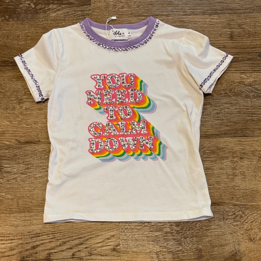 Lola + The Boys White Tee with Purple Trim and Rainbow Text
